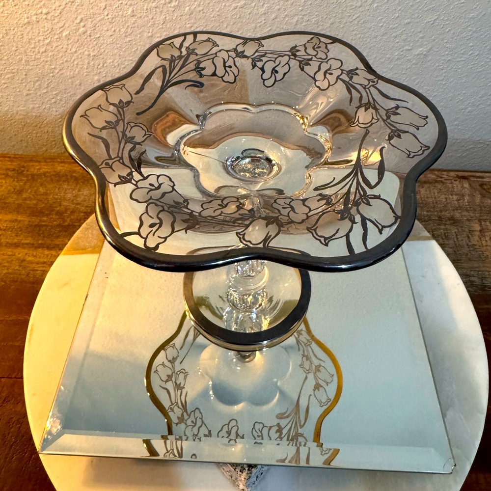 Vintage Silver Overlay Duncan & Miller Crystal Lilies Footed Compote Dish